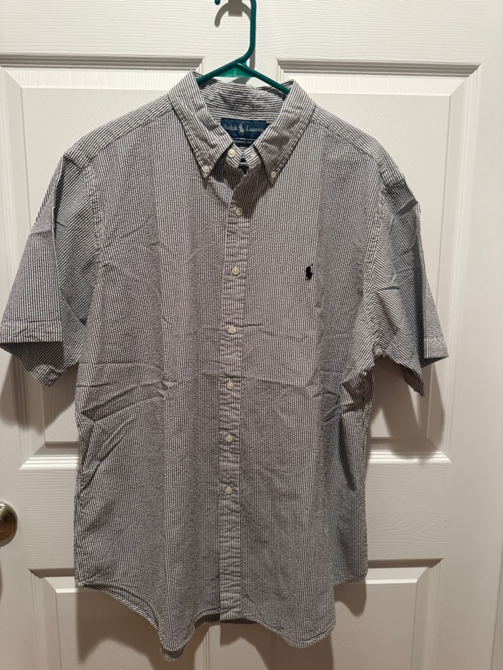 Ralph Lauren Short-Sleeve Button-Down Shirt in Navy and White Micro-Stripe